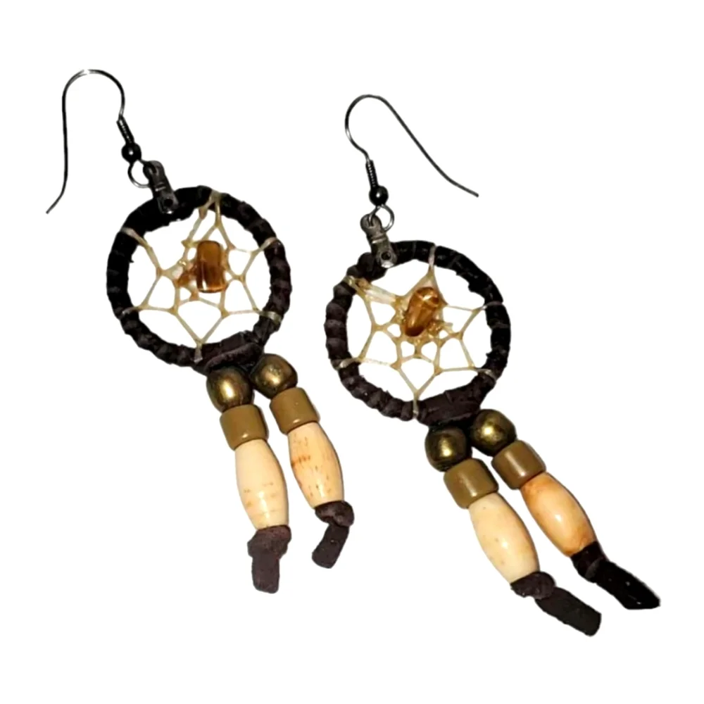 Southwestern Dreamcatcher Earrings Brown Suede Brass & Tan Wood Beads 2½